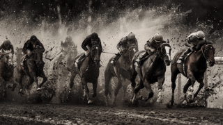 Image of horses racing in black and white