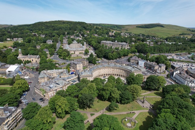 Buxton town centre Derbyshire peak district UK drone aerial view