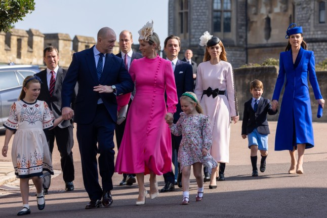 Mike Tindall and Zara Tindall, accompanied by Mia, 9, and Lena, 4, arrive with the Prince and Princess of Wales and other members of the Royal Family to attend the Easter Sunday church service at St George's Chapel in Windsor Castle on 9 April 2023 in Windsor, United Kingdom. Easter Sunday is the focal point of the Royal Family's Easter celebrations and this will be the first without Queen Elizabeth II. (photo by Mark Kerrison/In Pictures via Getty Images)