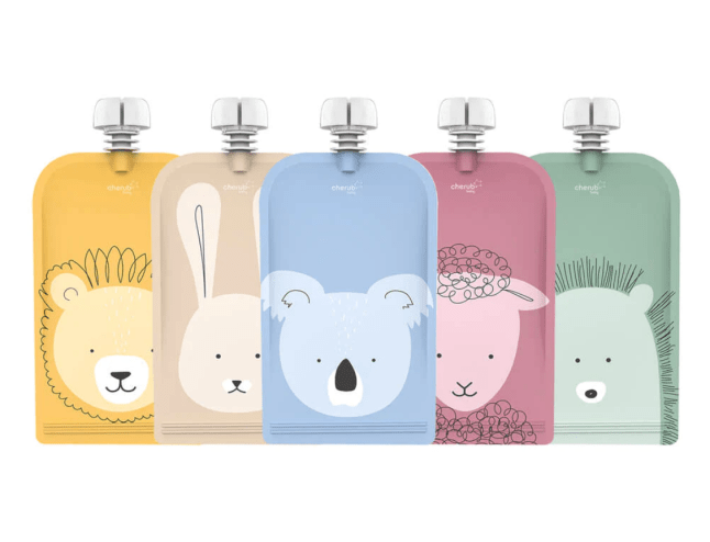 Image of Cherub Baby On the Go Reusable Food/ Yoghurt Pouches (Animal Set) - 150ml 5PK