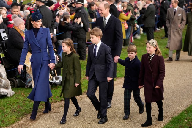 FILE - From left, Britain's Kate, Princess of Wales, Princess Charlotte, Prince George, William, the Prince of Wales, Prince Louis and Mia Tindall arrive to attend the Christmas day service at St Mary Magdalene Church in Sandringham in Norfolk, England, Monday, Dec. 25, 2023. The Princess of Wales has been hospitalized for planned abdominal surgery and will remain at The London Clinic for up to two weeks, Kensington Palace said Wednesday, Jan. 17, 2024. (AP Photo/Kin Cheung, file)