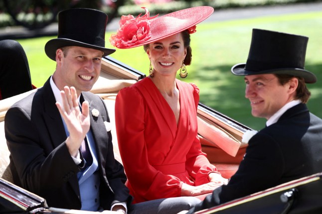 (FILES) Britain's Prince William, Prince of Wales (L) and Britain's Catherine, Princess of Wales (C) smile as they arrive in a horse-drawn carriage, part of the Royal Procession on the fourth day of the Royal Ascot horse racing meeting in Ascot, west of London, on June 23, 2023. Britain's Catherine announced cancer diagnosis on March 22, 2024. (Photo by HENRY NICHOLLS / AFP) (Photo by HENRY NICHOLLS/AFP via Getty Images)