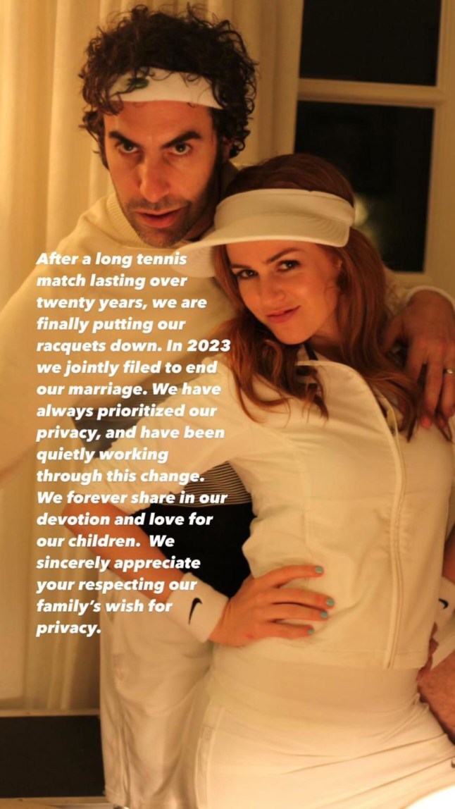 Sacha Baron Cohen Instagram statement on divorce