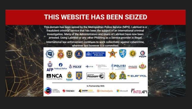 Undated handout image issued the Metropolitan Police of a website seizure page for LabHost. A UK-founded website used to defraud victims on an industrial scale has been infiltrated - leading to scores of arrests around the world, the Metropolitan Police has said. Issue date: Thursday April 18, 2024. PA Photo. Law enforcement agencies have arrested 37 suspects across the UK and around the world, including at Manchester and Luton airports, as well as in Essex and London. LabHost, a scammer site set up in 2021 by a criminal network, enabled users to set up phishing websites designed to trick victims into revealing personal information such as email addresses, passwords, and bank details. See PA story POLICE Fraud. Photo credit should read: Metropolitan Police/PA Wire NOTE TO EDITORS: This handout photo may only be used in for editorial reporting purposes for the contemporaneous illustration of events, things or the people in the image or facts mentioned in the caption. Reuse of the picture may require further permission from the copyright holder.