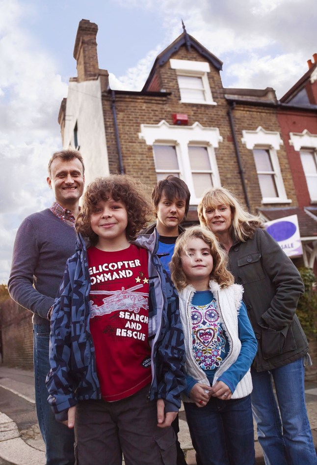 Television programmes: Outnumbered (l/r) Dad (Hugh Dennis), Ben (Daniel Roche), Jake (Tyger Drew-Honey), Karen (Ramona Marquez) & Mum (Claire Skinner) TX: BBC One