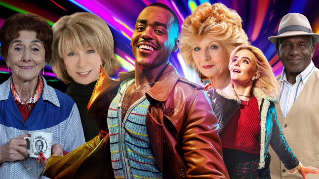 Compilation of soap stars (June Brown/Dot Cotton, Helen Worth/Gail Rodwell, Rula Lenska/Claudia Colby and Rudolph Walker/Patrick Trueman) with The Doctor and Ruby (Ncuti Gatwa and Millie Gibson) in a Doctor Who vortex