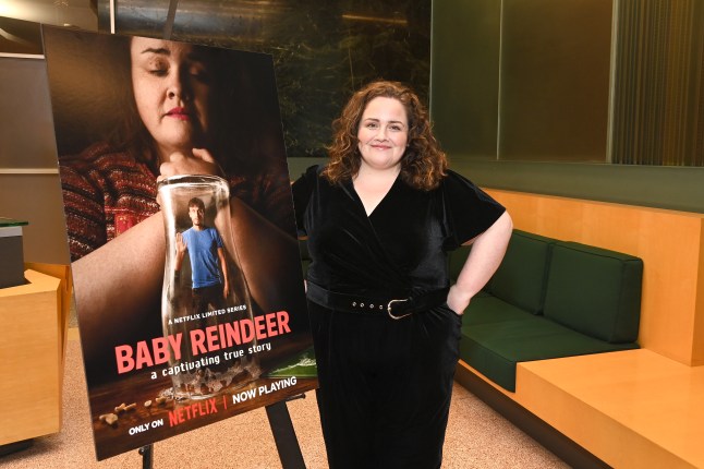 Jessica Gunning standing next to a Baby Reindeer poster at the SAG-AFTRA Foundation Conversations Presents Netflix's "Baby Reindeer" inside the SAG-AFTRA Foundation Screening Room at Linwood Dunn Theater on May 08, 2024 in Los Angeles, California.