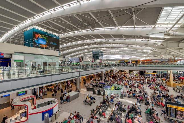 London, England - September 1, 2015: Heathrow Terminal 5 is an airport terminal at Heathrow Airport serving the UK city of London. Opened in 2008, the main building in the complex is the largest free-standing structure in the United