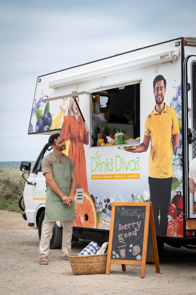 Logan stares at the Drinks Divas van in Neighbours