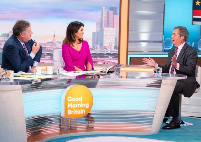 Editorial use only Mandatory Credit: Photo by S Meddle/ITV/REX (10405177cl) Piers Morgan and Susanna Reid with Nigel Farage 'Good Morning Britain' TV show, London, UK - 09 Sep 2019 NIGEL FARAGE Could he save Boris at the polls? He joins us at the desk