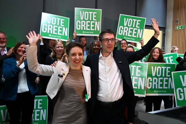 BRISTOL, ENGLAND - MAY 30: Green Party co-leaders Carla Denyer??(Bristol Central) and Adrian Ramsay??(Waveney Valley) pose for the media during the Green Party campaign launch at St George???s Bristol, on May 30, 2024 in London, England. Rishi Sunak announced last week that the UK General Election will be held on July 4th, kicking off a 6-week period of campaigning. (Photo by Finnbarr Webster/Getty Images)