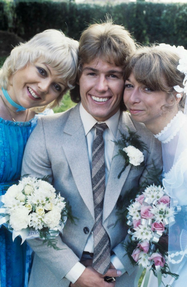 Coronation Street actors Helen Worth and Chris Quinten in character as Gail and Brian Tilsley during their on-screen wedding, circa 1979. (Photo by TV Times/Future Publishing via Getty Images)