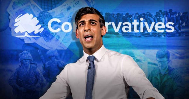 Rishi Sunak in front of a Conservatives banner