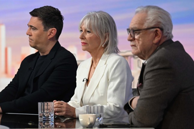 For use in UK, Ireland or Benelux countries only BBC handout photo of panellists (left to right) Manchester Mayor Andy Burnham, former cabinet minister Nadine Dorries and actor Brian Cox, appearing on the BBC1 current affairs programme, Sunday with Laura Kuenssberg. Issue date: Sunday June 16, 2024. PA Photo. See PA story POLITICS Election. Photo credit should read: Jeff Overs/BBC/PA Wire NOTE TO EDITORS: Not for use more than 21 days after issue. You may use this picture without charge only for the purpose of publicising or reporting on current BBC programming, personnel or other BBC output or activity within 21 days of issue. Any use after that time MUST be cleared through BBC Picture Publicity. Please credit the image to the BBC and any named photographer or independent programme maker, as described in the caption.