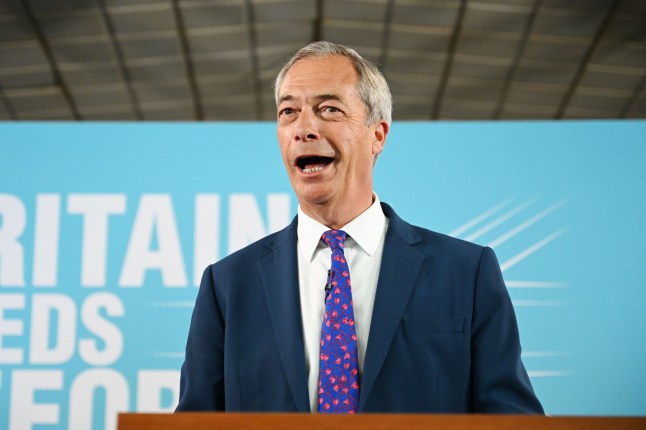 Mandatory Credit: Photo by Victoria Jones/Shutterstock (14542741o) Nigel Farage, Leader of Reform UK delivers a speech in Merthyr Tydfil to announce the party's general election manifesto titled 'Our Contract with You'. Reform UK launch 'Our Contract with You', Merthyr Tydfil, Wales, UK - 17 Jun 2024