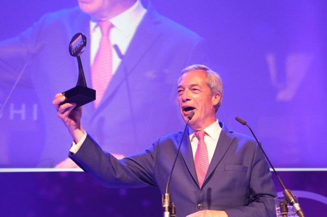 Nigel Farage with his award for Best News Presenter at the TRIC (The Television and Radio Industries Club) awards at the Grosvenor House Hotel in London. Picture date: Tuesday June 25, 2024. PA Photo. Photo credit should read: Ian West /PA Wire