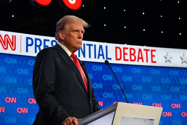 Mandatory Credit: Photo by Kyle Mazza/NurPhoto/Shutterstock (14561632j) U.S. President Joe Biden (not shown) and Former President of the United States Donald J. Trump (shown) are participating in the 2024 CNN Presidential Debate at CNN Studios in Atlanta, Georgia, United States, on June 27, 2024. It is the first time in American history that a current and former U.S. President are debating on the same stage. Former US President Donald J. Trump And US President Joe Biden At The 2024 CNN Presidential Debate, Atlanta, United States - 27 Jun 2024