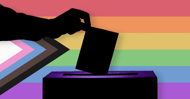 Pride flag with a person casting a vote in a ballot box