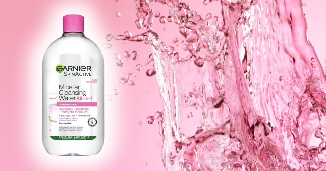 Garnier Micellar Cleansing Water bottle next to an image of water sloshing against a pink background