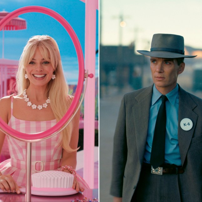 This combination of images shows Margot Robbie in a scene from "Barbie," left, and Cillian Murphy in a scene from "Oppenheimer."