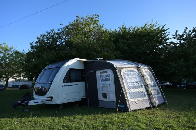 Polling station Caravan, Whitehall Gardens, Duxford, Cambs. July 4, 2024. Polls are now open in the UK general election, with millions of voters set to elect their local MPs and choose the UK's next government.