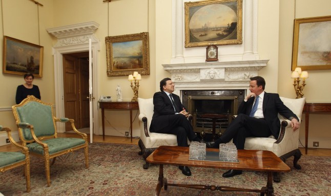 LONDON, ENGLAND - FEBRUARY 17: British Prime Minister David Cameron (R) greets European Commission President Jose Manuel Barroso inside number 10 Downing Street on February 17, 2011 in London, England. Tomorrow Mr Barroso will visit Cambridge University to deliver the 2011 Alcuin Lecture in the Department of Chemistry. (Photo by Oli Scarff - WPA Pool/Getty Images)