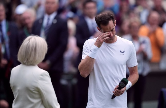 Andy Murray and Sue Barker after his gentlemen's doubles match on day four of the 2024 Wimbledon Championships at the All England Lawn Tennis and Croquet Club, London. Picture date: Thursday July 4, 2024. PA Photo. See PA story TENNIS Wimbledon. Photo credit should read: Jordan Pettitt/PA Wire. RESTRICTIONS: Editorial use only. No commercial use without prior written consent of the AELTC. Still image use only - no moving images to emulate broadcast. No superimposing or removal of sponsor/ad logos.