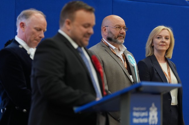 Former prime minister Liz Truss has lost her Norfolk South West seat to Labour at Alive Lynnsport in King's Lynn, Norfolk, during the count in the 2024 General Election. Picture date: Friday July 5, 2024. PA Photo. See PA story POLITICS Election. Photo credit should read: Jacob King/PA Wire