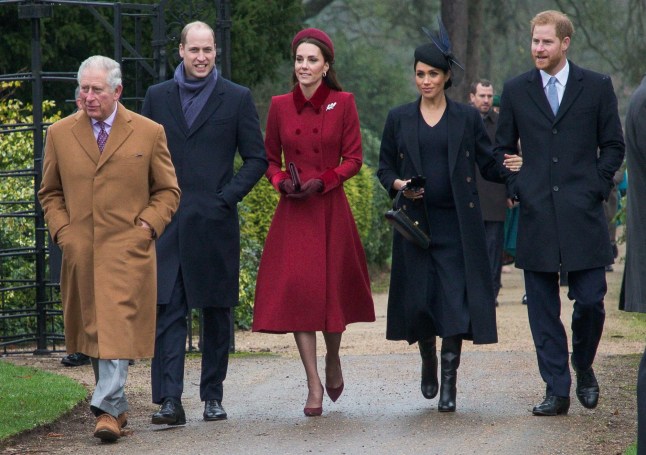 Mandatory Credit: Photo by Geoff Robinson Photography/Shutterstock (10041285bo) Prince Charles, Prince William, Catherine Duchess of Cambridge, Meghan Duchess of Sussex and Prince Harry arriving to attend the Christmas Day morning church service at St Mary Magdalene Church in Sandringham Christmas Day church service, Sandringham, Norfolk, UK - 25 Dec 2018