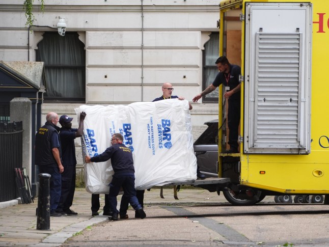 Removal men from the company Bishop's Move, which specialises in removals, storage and shipping, load a mattress into a removal van, at the back of Downing Street, London, following the Labour Party's victory in the 2024 General election. Picture date: Sunday July 7, 2024. PA Photo. Photo credit should read: James Manning/PA Wire