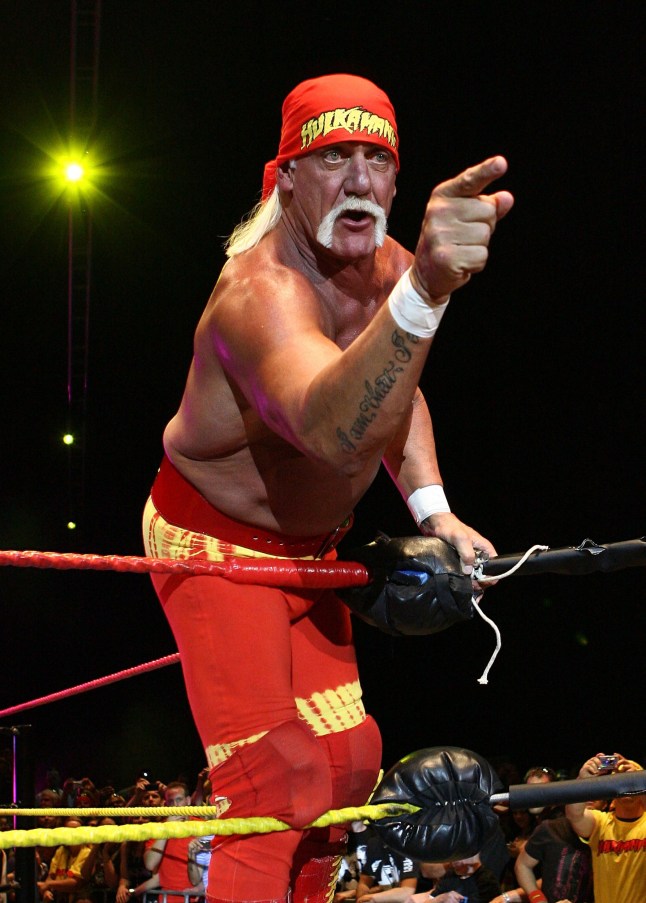 PERTH, AUSTRALIA - NOVEMBER 24: Hulk Hogan gestures to the audience during his Hulkamania Tour at the Burswood Dome on November 24, 2009 in Perth, Australia. (Photo by Paul Kane/Getty Images)