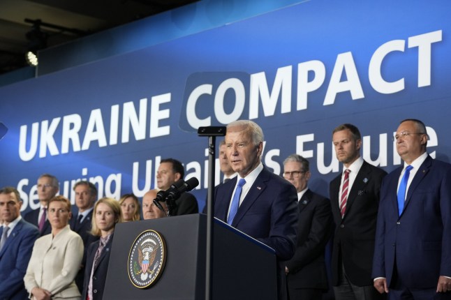 Mandatory Credit: Photo by Chris Kleponis/UPI/Shutterstock (14582707g) President Joe Biden makes remarks as he hosts an event on the Ukraine Compact at the 2024 North Atlantic Treaty Organization (NATO) Summit in Washington, DC on Thursday, July 11, 2024. Ukraine Meeting at NATO Summit in Washington DC, District of Columbia, United States - 11 Jul 2024