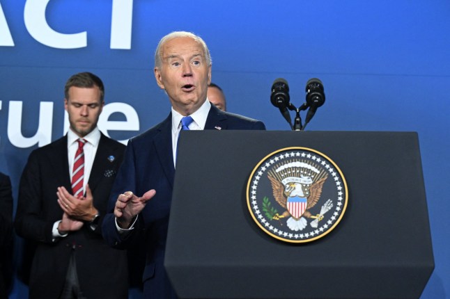 US President Joe Biden gestures after speaking during the Ukraine Compact initiative on the sidelines of the NATO Summit at the Walter E. Washington Convention Center in Washington, DC, on July 11, 2024. (Photo by SAUL LOEB / AFP) (Photo by SAUL LOEB/AFP via Getty Images)