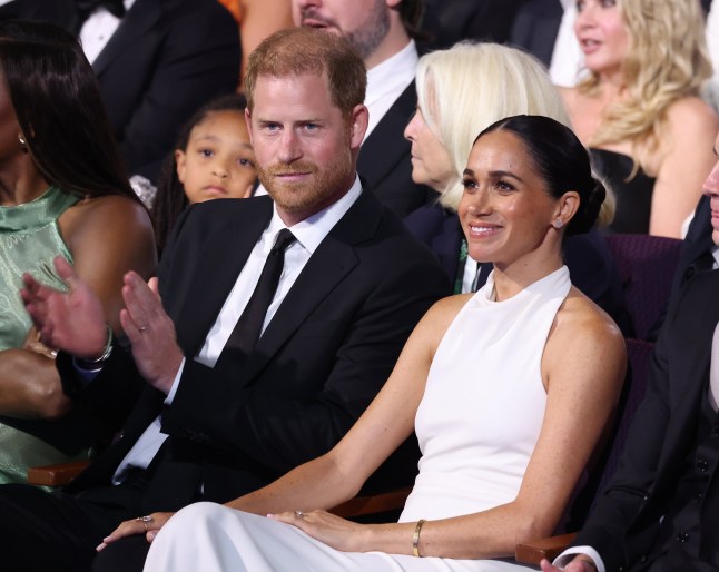 HOLLYWOOD, CALIFORNIA - JULY 11: (Exclusive Coverage) (L-R) Prince Harry, Duke of Sussex and Meghan, Duchess of Sussex attend the 2024 ESPY Awards at Dolby Theatre on July 11, 2024 in Hollywood, California. (Photo by Kevin Mazur/Getty Images for W+P)