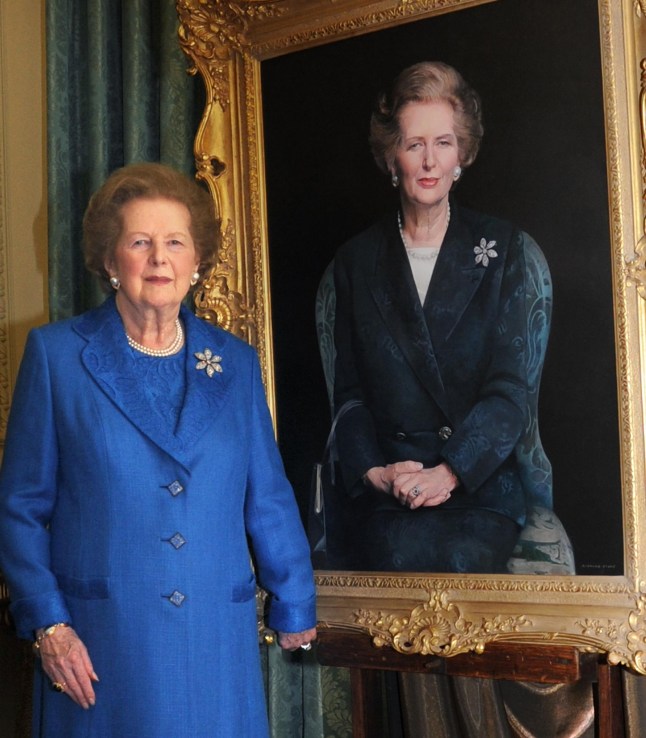 Baroness Thatcher standing next to a portrait of herself at 10 Downing Street, painted by artist Richard Stone. Handout photo issued by 10 Downing Street. PRESS ASSOCIATION Photo. Picture date: Monday November 23, 2009. Former Prime Minister Margaret Thatcher returned to 10 Downing Street today to attend the unveiling of her portrait. Baroness Thatcher was invited to a private reception being hosted by Prime Minister Gordon Brown this afternoon. See PA story POLITICS Thatcher. Photo credit should read: Crown Copyright/PA Wire