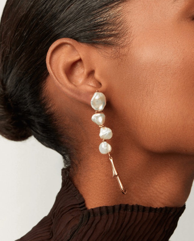 Image of model wearing Keshi Pearl Sculptural Drop Earrings from Missoma