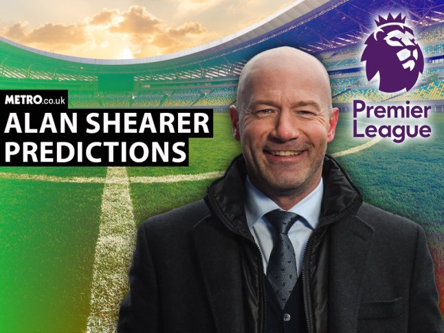 Alan Shearer with a football pitch behind him