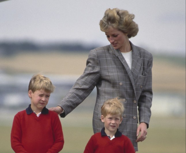 British Royal Diana, Princess of Wales (1961-1997), wearing a Glen Plaid suit, and her sons Prince William and Prince Harry, both wearing red sweaters and striped shorts, after their arrival at Aberdeen airport in Aberdeen, Scotland, 14th August 1989. They are spending the holidays in Balmoral. Glen Plaid is also known as Prince of Wales check. (Photo by Tim Graham Photo Library via Getty Images)