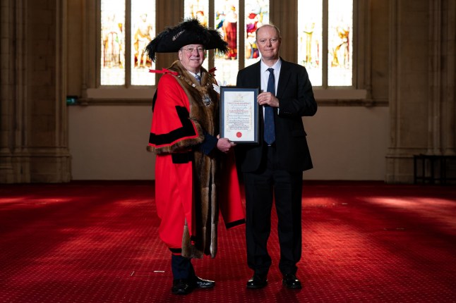 Lord Mayor of the City of London Michael Mainelli with Professor Sir Chris Whitty as Whitty is granted the Freedom of the City of London at Guildhall, London. Picture date: Wednesday November 29, 2023. PA Photo. Photo credit should read: Aaron Chown/PA Wire