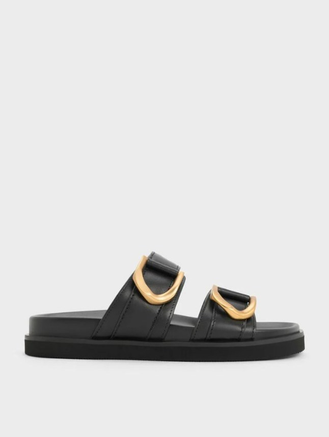 Image of Gabine Buckled Leather Slides by Charles & Keith