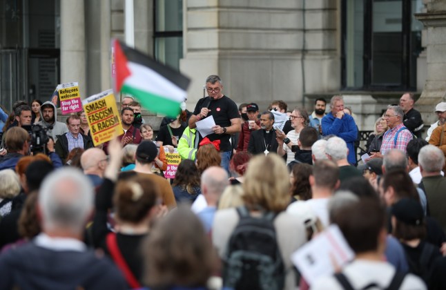 epa11542291 MP for Liverpool West Derby Ian Byrne speaks during a national day of protest in Liverpool, Britain, 10 August 2024. Anti-racism groups have organized a national day of protest in opposition to violent far-right demonstrations over the past week, following a fatal stabbing attack in Southport in which three children were killed and eight more seriously injured along with two adults. EPA/ADAM VAUGHAN