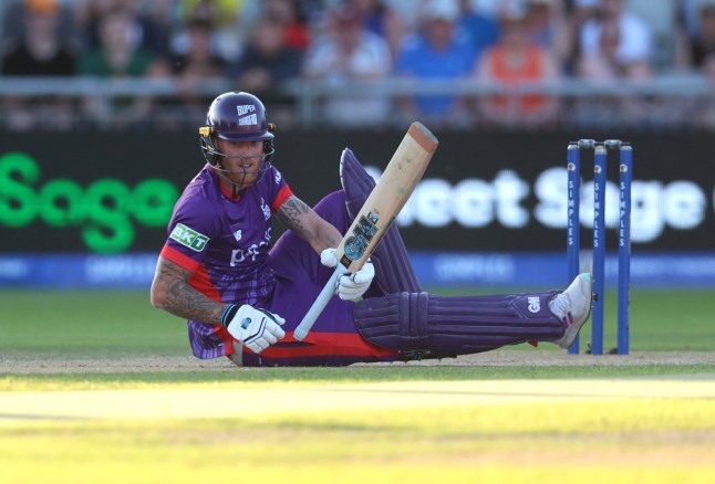 MANCHESTER, ENGLAND - AUGUST 11: Ben Stokes of Northern Superchargers goes down injured during The Hundred match between Manchester Originals Men and Northern Superchargers Men at Emirates Old Trafford on August 11, 2024 in Manchester, England. (Photo by Nathan Stirk - ECB/ECB via Getty Images)