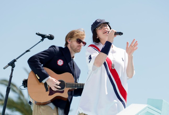 UNSPECIFIED: (EXCLUSIVE COVERAGE) In this image released on August 11, (L-R) FINNEAS and Billie Eilish perform at the LA28 Olympic Games Handover Celebration. (Photo by Emma McIntyre/Getty Images for LA28)