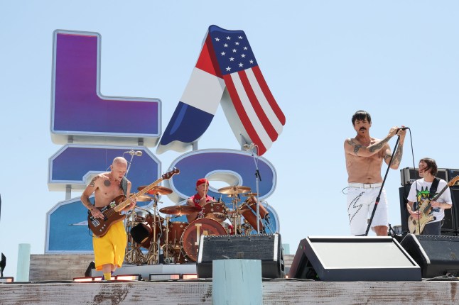 UNSPECIFIED: (EXCLUSIVE COVERAGE) In this image released on August 11, (L-R) Flea, Chad Smith, Anthony Kiedis, and John Frusciante of Red Hot Chili Peppers perform at the LA28 Olympic Handover Celebration. (Photo by Kevin Mazur/Getty Images for LA28)