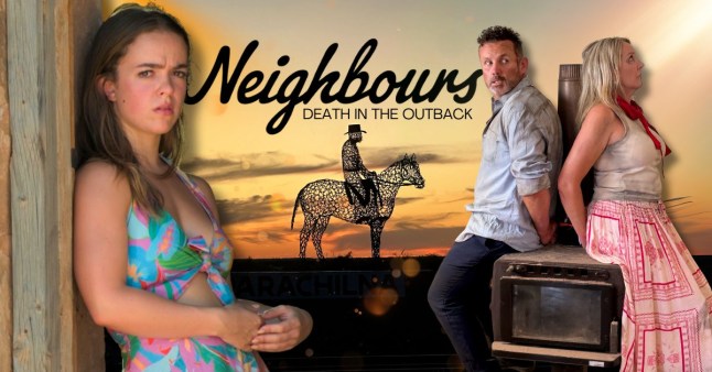 Compilation image for Neighbours: Death in the Outback, as Holly looks concerned, and Toadie and Mel are held hostage