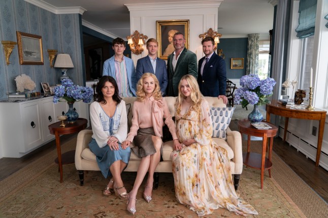 The Perfect Couple. (L to R) Eve Hewson as Amelia Sacks, Sam Nivola as Will Winbury, Nicole Kidman as Greer Winbury, Billy Howle as Benji Winbury, Liev Schreiber as Tag Winbury, Dakota Fanning as Abby Winbury, Jack Reynor as Thomas Winbury in episode 103 of The Perfect Couple. Cr. Seacia Pavao/Netflix ?? 2024