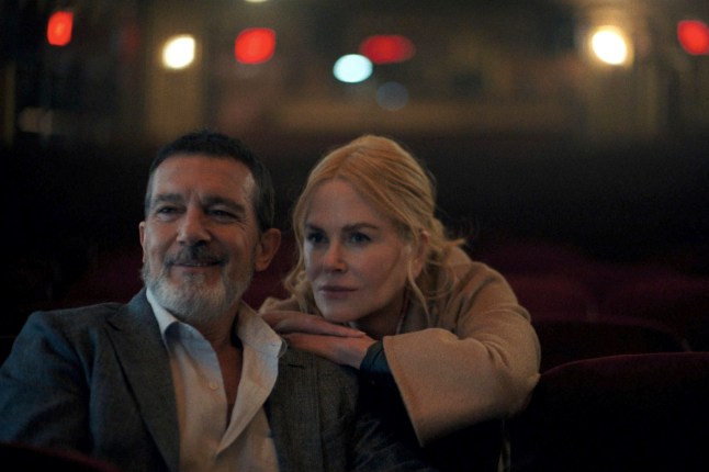 This image released by A24 shows Antonio Banderas, left, and Nicole Kidman in a scene from "Babygirl." (A24 via AP)