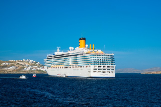 Cruise liner ship Costa Luminosa in Mediterranea sea near Mykonos island. Aegean sea, Greece