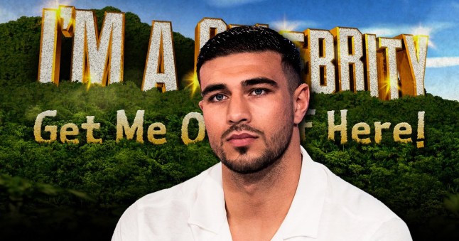 Tommy Fury in front of the I'm A Celebrity logo