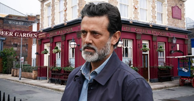 Nish Panesar in front of the Queen Vic, EastEnders